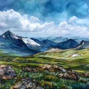 May include: A landscape painting featuring a foreground of rocky terrain and green grass with small yellow flowers. In the background, layered blue mountain ranges rise under a bright sky filled with white clouds and deep blue tones.