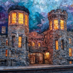 May include: A stone castle building with two prominent towers, featuring rectangular windows glowing with warm yellow light. The structure is rendered in a stained glass style with a dark blue and purple sky, showcasing detailed masonry and a central gate.