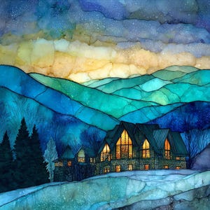 May include: A square art print featuring a stone house with glowing yellow windows nestled in a snowy landscape. The background displays layered blue and teal mountain silhouettes under a starry sky with a soft yellow and purple horizon glow.