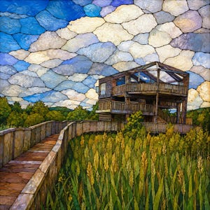 May include: A multi-story wooden observation tower stands amidst a field of tall green grasses and reeds. A wooden boardwalk leads toward the structure, which features open balconies and railings. The sky is filled with a mosaic of blue and white clouds.