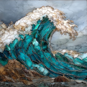 May include: A detailed artwork depicting a breaking ocean wave. The wave is rendered in shades of teal, turquoise, and white, with brown and gold accents. The artwork is framed and evokes a sense of the sea.