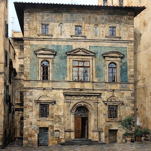 May include: A multi-story stone building with a tan facade featuring blue panels, arched windows, and a central wooden doorway. The exterior walls are decorated with intricate carvings and inscriptions, topped by a dark overhanging roof.