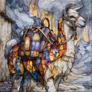 May include: A white llama wearing a brown leather bridle and a colorful, multi-patterned saddle blanket with a stained-glass aesthetic. A rectangular pack with a geometric design and a small llama silhouette is strapped to the llama's back.