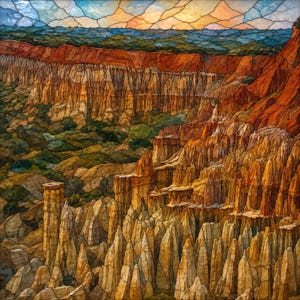 May include: A stained glass panel depicting a desert canyon landscape with tall orange and tan rock formations, deep green vegetation in the valley, and a sunset sky featuring blue, orange, and yellow glass segments outlined in dark lead lines.