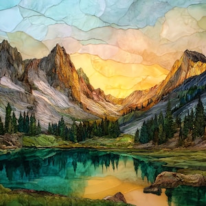 May include: A vibrant landscape painting depicts a mountain range with snow-capped peaks, a serene lake, and lush green trees. The sky transitions from light blue to warm yellow hues, reflecting in the water. The artwork evokes a sense of tranquility.