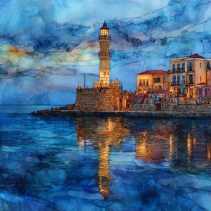 Chania Venetian Harbor Ceramic Tile, Aegean Harbor Decor, Stained Glass Wall Art, Crete Travel Gift, Greek Island Gift