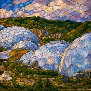 May include: A stained glass panel depicting the Eden Project biomes with blue geodesic domes, lush green hills, and a purple and blue cloudy sky. The artwork features intricate lead lines separating individual glass pieces in various textures.