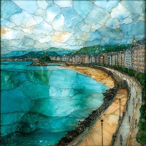 May include: An artistic depiction of a coastal city, featuring a turquoise sea, sandy beach, and a promenade lined with buildings. The sky is a mosaic of blues and whites, with green hills in the background. The artwork evokes a sense of tranquility and scenic beauty.