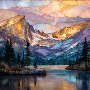 May include: A stained glass artwork depicting a mountain landscape with a lake. The mountains are rendered in shades of orange, yellow, purple, and blue. The lake reflects the sky and mountains. Evergreen trees are in the foreground.