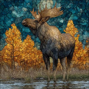 May include: A stained glass style artwork depicting a moose standing in shallow water. The moose has brown fur and large antlers. The background features golden yellow trees and a dark blue sky with a pale moon, all rendered in a mosaic pattern.