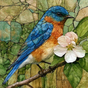 May include: A mosaic-style artwork depicting a bluebird with vibrant blue feathers on its head and wings, and a warm orange chest. The bird is perched on a brown branch next to a white flower with green leaves, set against a green and tan background.