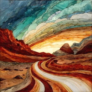 May include: A mosaic wall art piece depicting a desert landscape with a winding road. The scene features layered red and brown rock formations, a bright yellow and orange horizon, and a swirling sky of deep blue, teal, and white glass segments.