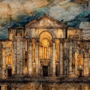 May include: An artistic rendering of a grand cathedral with a classical architectural style. The building features tall columns, arched windows, and a large central dome. The color palette includes shades of beige, brown, and gold, with a dramatic sky backdrop.