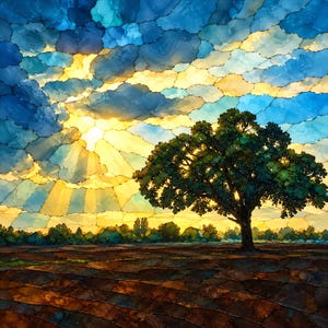 May include: A landscape painting featuring a large green tree standing in a dark brown field under a vibrant sky. The sky is composed of segmented blue and yellow shapes resembling stained glass, with bright sunbeams radiating from the center.