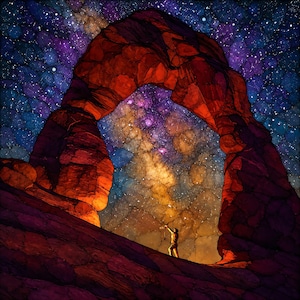 May include: A large, natural red rock arch frames a vibrant night sky filled with stars and a glowing nebula. A small figure stands beneath the arch, looking up at the celestial display. The rock formation has a textured, cracked surface.