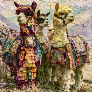 May include: A group of three alpacas standing together. The left alpaca features a vibrant, multi-colored mosaic-style coat in shades of purple, orange, and teal. The right alpaca has a cream-colored coat with a patterned saddle featuring circular designs.