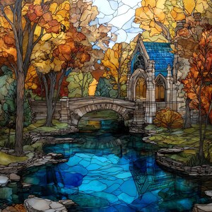 May include: A stained glass panel depicting an autumn landscape with a stone bridge over a blue stream. The scene features orange and yellow trees, a stone building with a blue roof, and intricate lead lines creating a mosaic effect throughout.