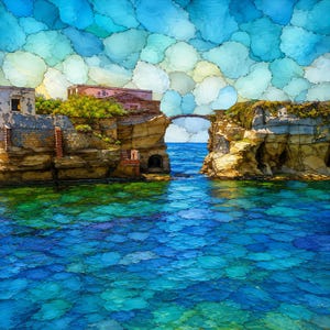 May include: A vibrant digital painting of a coastal scene featuring rocky cliffs, stone buildings, and a small bridge spanning a narrow inlet. The water and sky are rendered in a mosaic of blue and turquoise circular shapes, creating a textured effect.