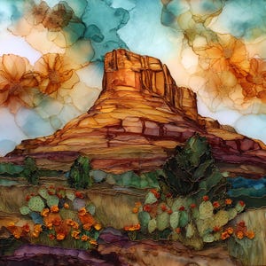 May include: An abstract painting of a desert landscape featuring a mesa in shades of orange and brown. The sky has wispy clouds in teal and orange, with stylized floral elements. Cacti and desert plants are in the foreground.