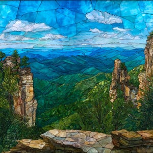 Rocky Knob Pinnacles on the Blue Ceramic Tile, Virginia Wall Art, Stained Glass Wall Art, Virginia Travel Gift, Gift for Virginia Lover