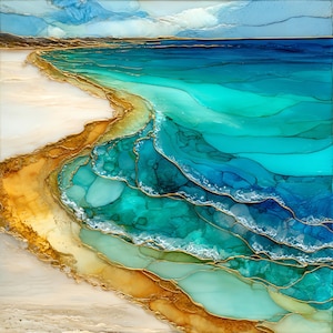 May include: Abstract artwork depicting a coastal scene with a beach, ocean, and sky. The artwork features shades of blue, turquoise, and gold, with a textured appearance. The beach is a light beige color, and the ocean has a wave-like pattern.