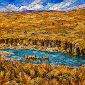 May include: A stained glass style artwork depicting a landscape with a bright blue river flowing through a golden grassy plain. Several light brown llamas graze on the hillside, while a group of five llamas stands near the riverbank.