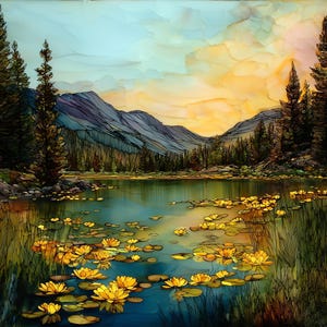 May include: An artistic landscape painting depicts a serene lake scene. Yellow water lilies float on the water's surface. Mountains and evergreen trees frame the lake under a colorful sky with shades of yellow, orange, and blue.