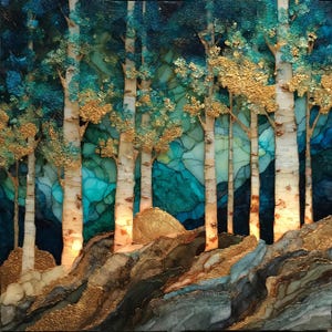 May include: A square wall art piece depicting a forest of birch trees with white trunks and textured gold leaf foliage. The background features deep teal and blue ink washes, while the foreground shows a rocky, layered terrain in shades of gray, brown, and gold, creating a high-contrast, multi-dimensional landscape.