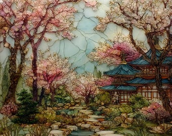 Daigoji Sakura Grove Ceramic Tile, Kyoto Wall Art, Stained Glass Wall Art, Kyoto Travel Gift, Gift for Shrine Lover