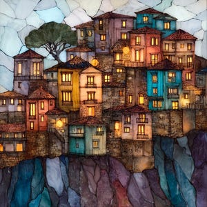 May include: A colorful watercolor painting of a hillside village. The buildings are various colors, including yellow, orange, and blue, with lit windows. A large tree sits in the center, and the sky is a light blue with white accents.