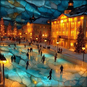 May include: An outdoor ice skating rink with a cracked ice surface illuminated in blue, surrounded by snow-covered buildings with warm yellow glowing windows, decorated Christmas trees, and street lamps, with people skating across the surface.