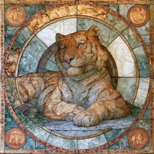 May include: A square mosaic artwork featuring a central tiger in shades of orange and brown, resting within a circular frame of green and white marble-like tiles. Four small circular medallions with animal carvings sit in the corners of the frame.