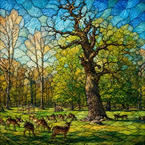 May include: A stained glass style artwork depicting a forest scene with a large central tree, smaller surrounding trees, and a herd of deer grazing on a green grassy field under a bright blue sky with a mosaic pattern of glass segments.