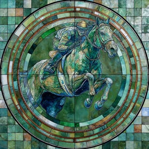 May include: A circular stained glass panel featuring a horse and rider in motion. The artwork uses various shades of green, teal, and brown glass pieces to depict the horse jumping. The design is framed by a border of small square glass tiles.