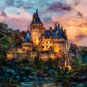 May include: An artistic rendering of a castle with multiple towers and turrets. The castle is illuminated with warm light, set against a backdrop of a colorful sky with pink, purple, and orange hues. Lush green foliage surrounds the castle.