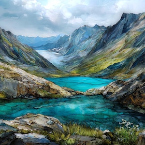 May include: A vibrant landscape painting featuring two turquoise glacial lakes nestled between jagged, rocky mountain peaks. The scene includes textured stone formations, patches of green grass, small white flowers, and a cloudy sky.