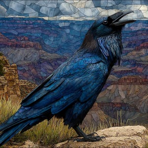 May include: A stained glass style artwork depicting a dark blue and black raven with its beak open, perched on a rocky ledge. The background features a layered canyon landscape with deep blue, purple, and brown tones under a cloudy sky.