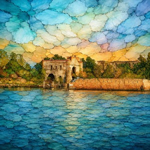 May include: A mosaic-style artwork depicting a stone building complex situated along a body of water. The scene features a textured sky of blue, yellow, and white patches, green trees, a brick wall, and water rendered in shades of blue and teal.