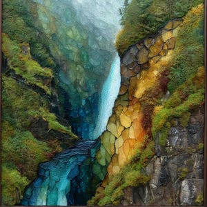 May include: A square wall art piece featuring a mosaic-style landscape of a waterfall cascading between rocky cliffs. The scene uses translucent blue, green, and amber glass-like segments, surrounded by textured green moss and dark stone details.