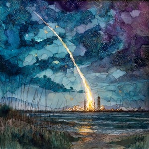 May include: A vibrant alcohol ink painting depicting a rocket launch at night. A bright yellow and orange plume of fire rises from a launch pad into a deep blue and purple starry sky. The foreground features dark silhouettes of coastal grasses.