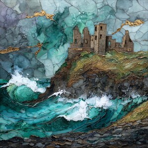 May include: An abstract artwork depicts a stone castle ruin on a cliff overlooking a turbulent sea. The waves are white and turquoise, crashing against the dark rocks. The sky is a mix of blues and greens, with gold accents.