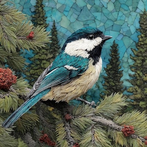 May include: A detailed illustration of a black-capped chickadee perched on a pine branch with green needles and small red cones. The bird features a black head, white cheeks, and teal-blue wings. The background is a mosaic of blue glass tiles.
