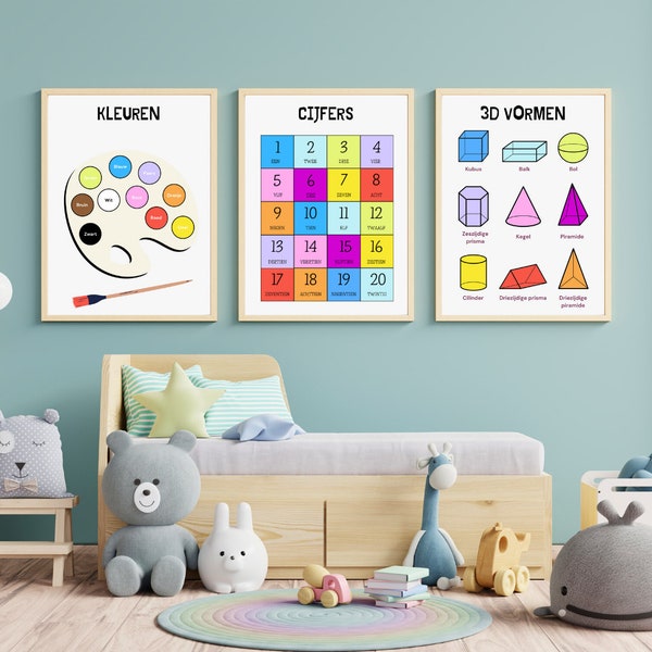 Set van 7 educatieve posters. Klaslokaal decor, kamer decor, regenboog handschrift, alfabet, kleuren, vormen, cijfers
