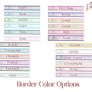 May include: A chart showing various border colour options for wedding ribbons. The colours are listed in two columns, with the names of each colour printed in white on a white ribbon with a coloured border.