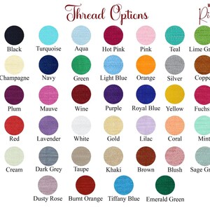 May include: A chart displaying 36 different coloured thread options for wedding ribbons. The colours include black, turquoise, aqua, hot pink, pink, teal, lime green, champagne, navy, green, light blue, orange, silver, copper, plum, mauve, wine, purple, royal blue, yellow, fuchsia, red, lavender, white, gold, lilac, coral, mint, cream, dark grey, taupe, khaki, brown, blush, sage green, dusty rose, burnt orange, tiffany blue, and emerald green.