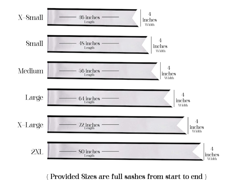 K&ouml;nnte beinhalten: Eine Tabelle mit sechs verschiedenen G&uuml;rtell&auml;ngen und -breiten in Zoll. Die Gr&ouml;&szlig;en sind XS, S, M, L, XL und 2XL. Der Text "Provided Sizes are full sashes from start to end" befindet sich am unteren Rand der Tabelle.