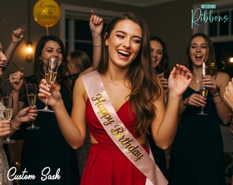 Banda de cumpleaños personalizada - Banda de fiesta de satén personalizada - Banda para cumpleañera, quinceañera, 21.°, 30.°, 40.° aniversario - Banda de graduación - Banda de despedida de soltera