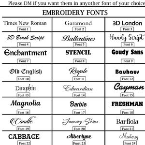 May include: A chart displaying 24 different embroidery fonts, each with a sample of the font and the font name. The fonts are arranged in three columns and eight rows. The chart is titled "Embroidery Fonts".