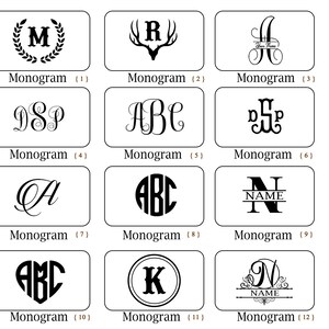 May include: Twelve different monogram designs, each displayed in a white square with a black border. The monograms are in various styles, including script, block letters, and a heart shape. The monograms are numbered 1 through 12.