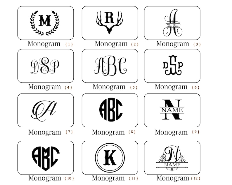 May include: Twelve different monogram designs, each displayed in a white square with a black border. The monograms are in various styles, including script, block letters, and a heart shape. The monograms are numbered 1 through 12.
